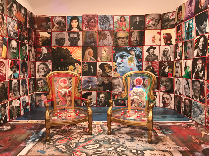 “Holding Up A Mirror”, the first Malaysian Pavilion at the Venice Biennale in 2019. 
Anurendra Jegadeva, 'Yesterday, in a Padded Room' (2015); PVC cushions with printed and painted canvas, 2 painted thrones with perspex boxes, painted inserts and LED lights, printed floor covering on wood; Variable dimensions; Image courtesy of the artist.