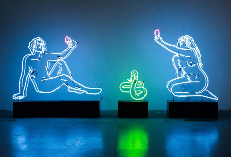 Gabe BC, Temptation in Paradise (Pink), 2022, Neon Sculpture (Neon, Acrylic, Aluminum), 120 x 60 x 36. Courtesy of Artemis Gallery.