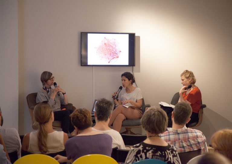 Who really owns it? Thinking through ownership of contemporary art and cultural heritage (2017)  Özge Ersoy in conversation with Marysia Lewandowska, moderated by Rose Lejeune,  Photograph: Delfina Foundation