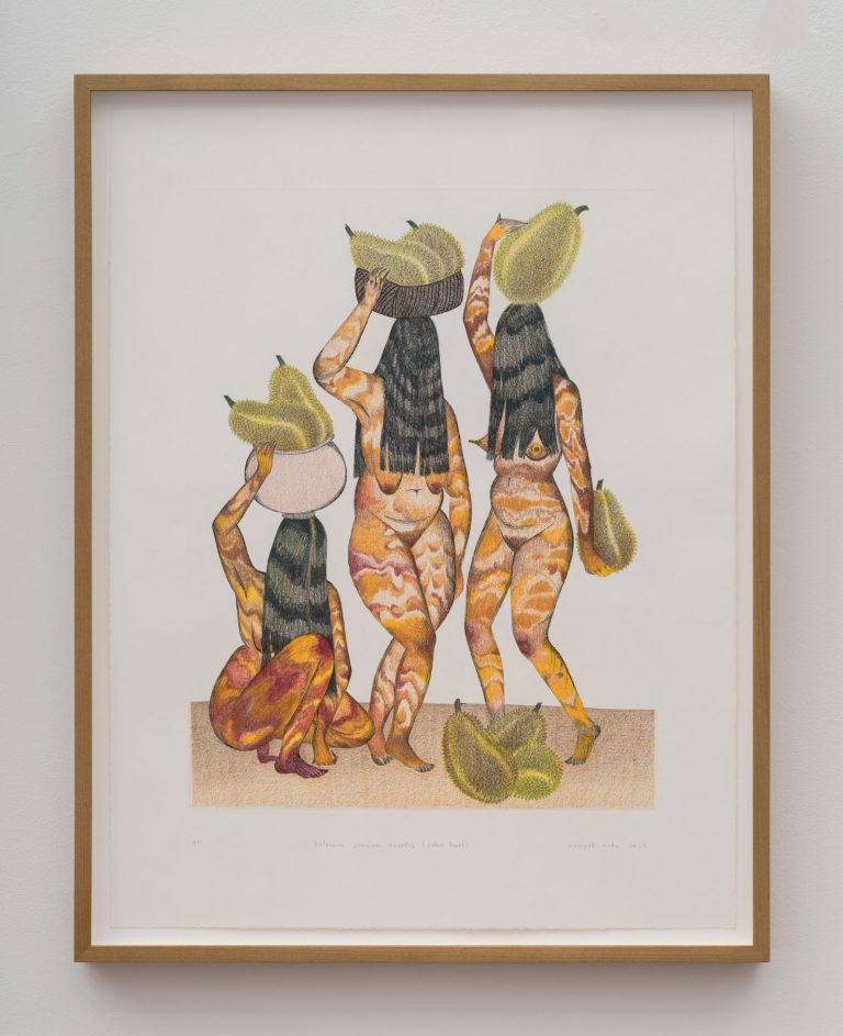 Marigold Santos, Balancing Precious Ancestry (Ochre Hues), 2025. Etching on paper with hand coloured pencil. 20 x 16 in. / 50.80 x 40.64 cm. Unique print; framed.
