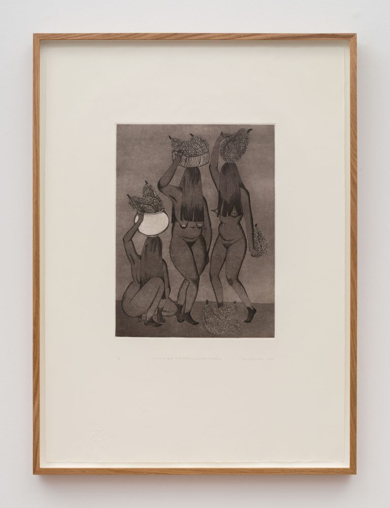 Marigold Santos, Shroud Caring For Fruit (Balancing Precious Ancestry) 2, 2025. Etching aquatint with chine collè on paper. 31 x 22 in. / 78.74 x 55.88 cm. Edition 3 of 3; framed.