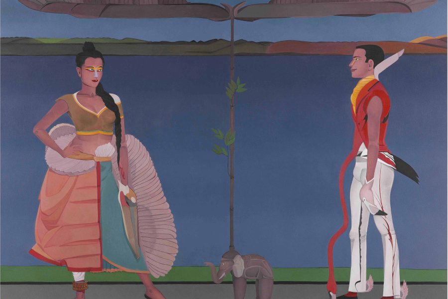 Surendran Nair, 'Pelican and a Flamingo: Two Actors at play (Flora & Fauna) Cuckoonebulopolis',
2019. Courtesy of the Artist and Sakshi Gallery.