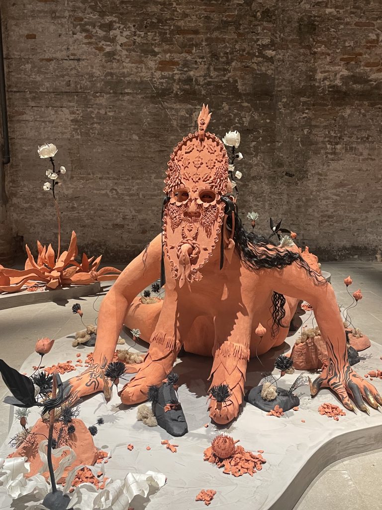 Rajni Perera & Marigold Santos, Efflorescence/The Way We Wake , 2023, polymer clay, styrofoam, paint, metallic powder, synthetic hair, pearls, steel, aluminum, floral foam, paper, plastic, 60 x 96 x 48 in.