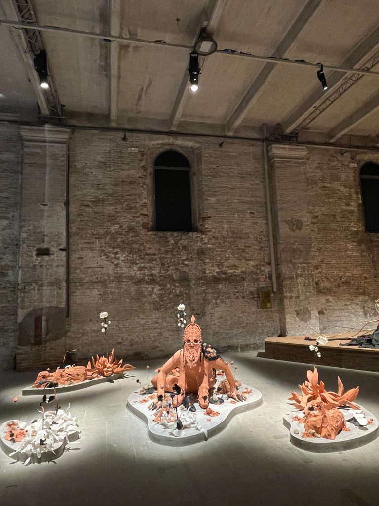 Rajni Perera & Marigold Santos, Efflorescence/The Way We Wake , 2023, polymer clay, styrofoam, paint, metallic powder, synthetic hair, pearls, steel, aluminum, floral foam, paper, plastic, 60 x 96 x 48 in.