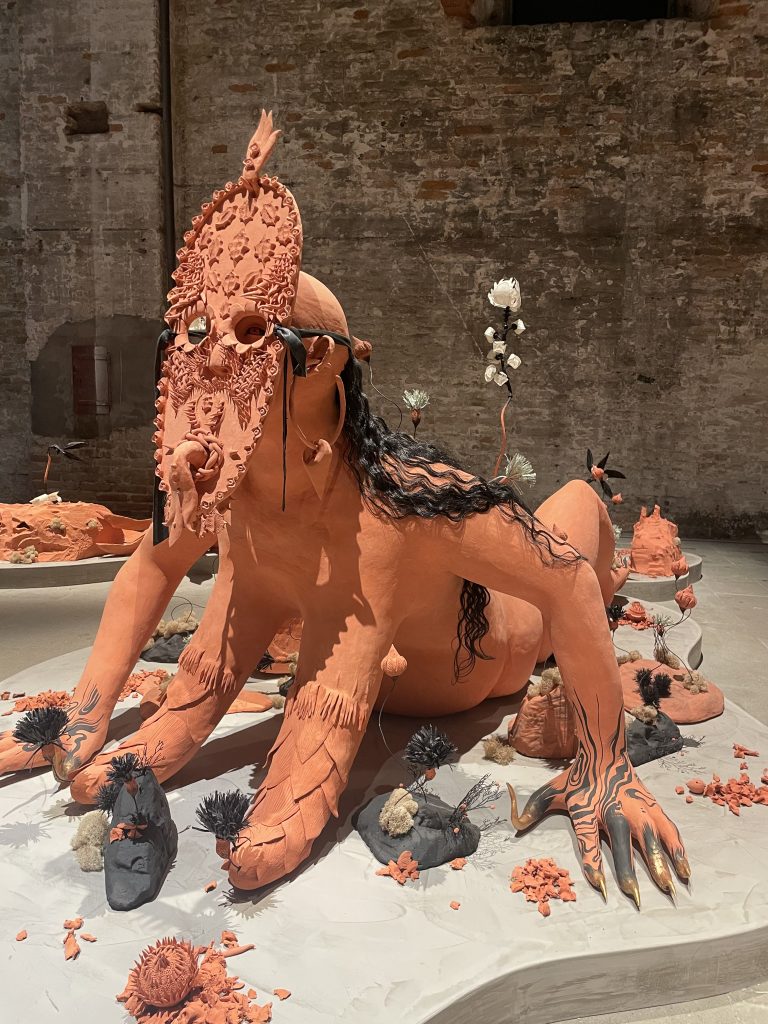 Rajni Perera & Marigold Santos, Efflorescence/The Way We Wake , 2023, polymer clay, styrofoam, paint, metallic powder, synthetic hair, pearls, steel, aluminum, floral foam, paper, plastic, 60 x 96 x 48 in.