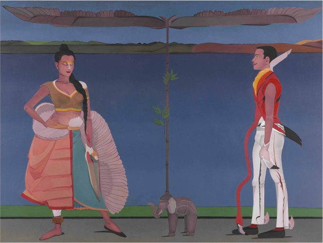 Surendran Nair, "Pelican and a Flamingo: Two Actors at play (Flora & Fauna) Cuckoonebulopolis", 2019. Image courtesy of Artist and Sakshi Gallery. Presented by Sakshi Gallery.